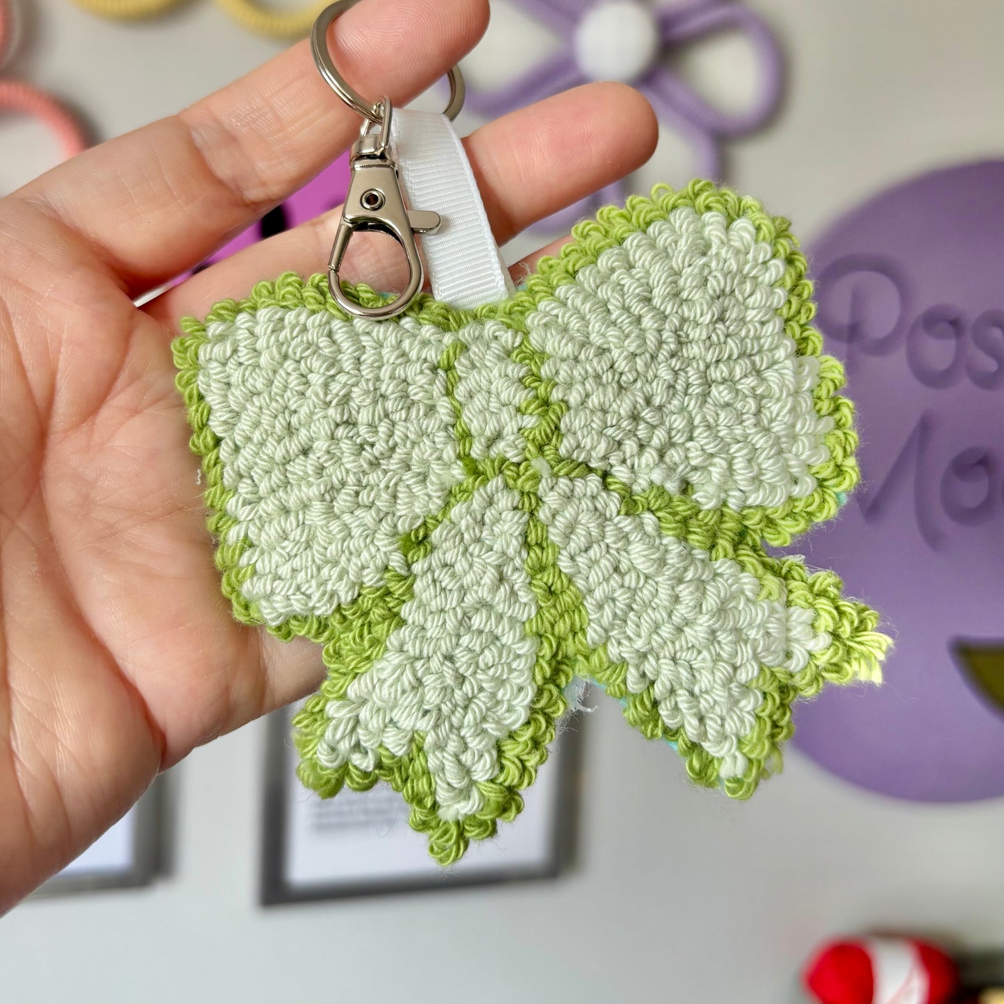 Bow punch needle keyring, cute decor, home decor, office decor, key accesory