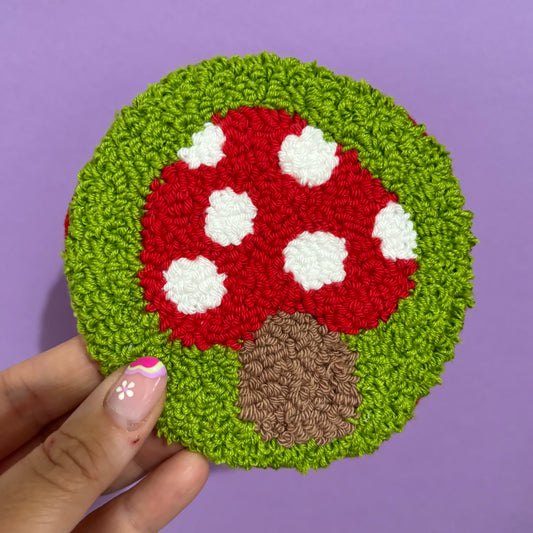 Toadstool punch needle drinks coaster, mug rug, cute decor, home decor, office decor