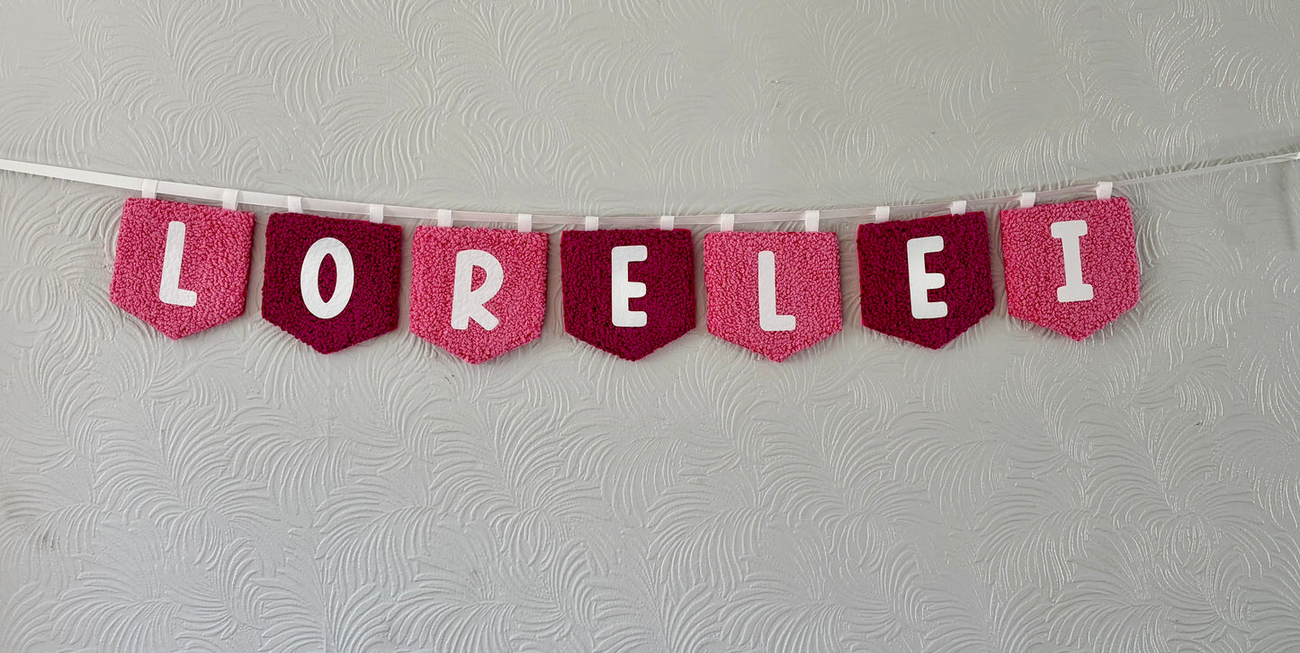 Personalised punch needle flag garland, name, personalised, bedroom hanging, wall hanging, playroom, wall decor