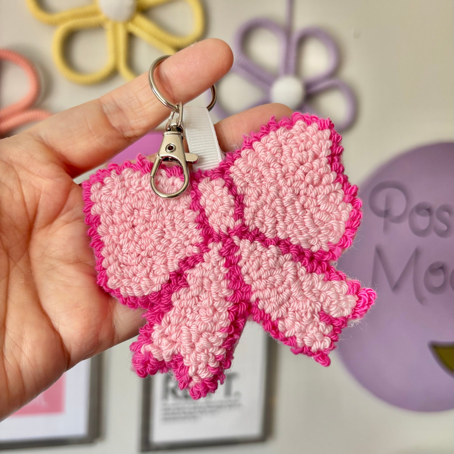 Bow punch needle keyring, cute decor, home decor, office decor, key accesory