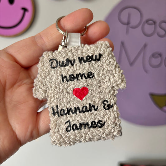 Our new home personalised punch needle keyring, cute decor, personalised, key accesory
