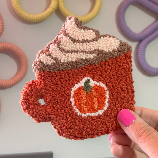 Pumpkin spiced latte punch needle drinks coaster, mug rug, cute decor, home decor, office decor, version two
