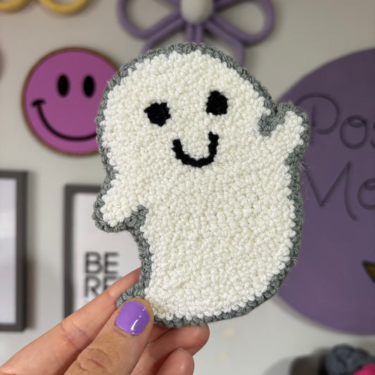 Cute ghost punch needle drinks coaster, mug rug, cute decor, home decor, office decor