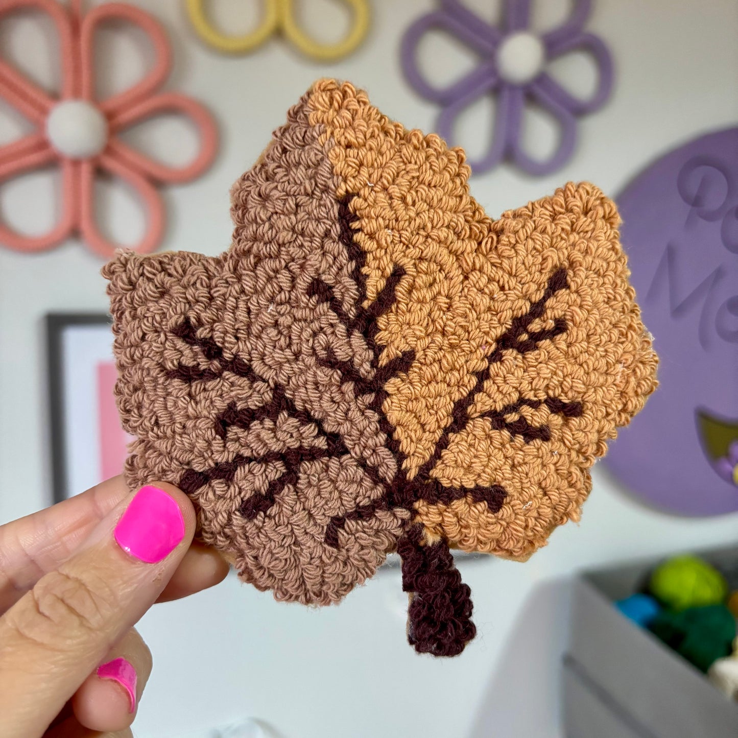 Autumn leaf punch needle drinks coaster, mug rug, cute decor, home decor, office decor