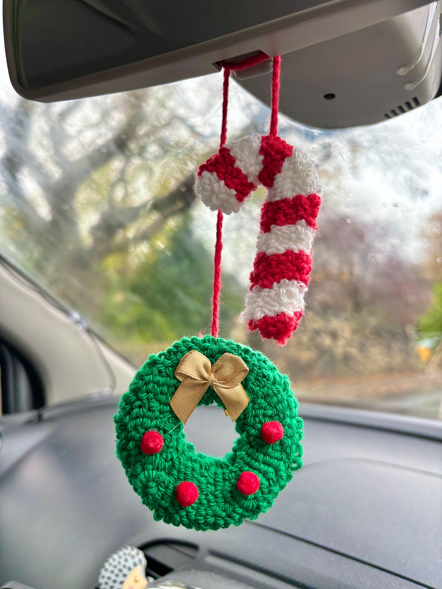 Christmas wreath and candy cane punch needle car hanging, car decor, car accessory, cute decor