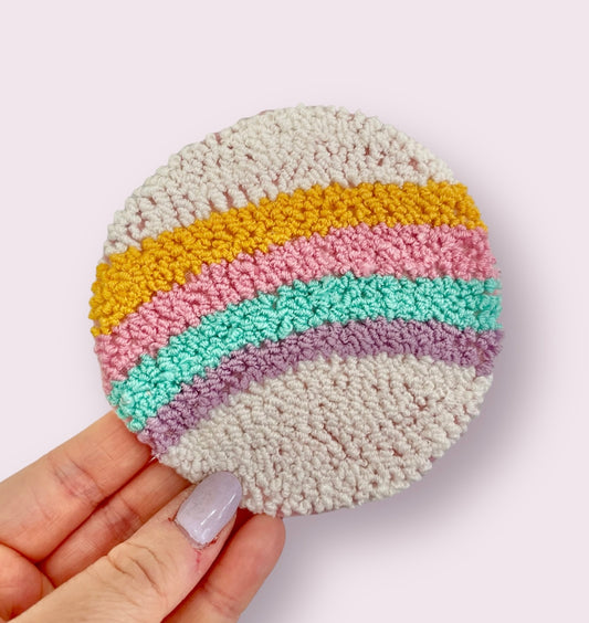 Rainbow punch needle drinks coaster, mug rug, cute decor, home decor, office decor