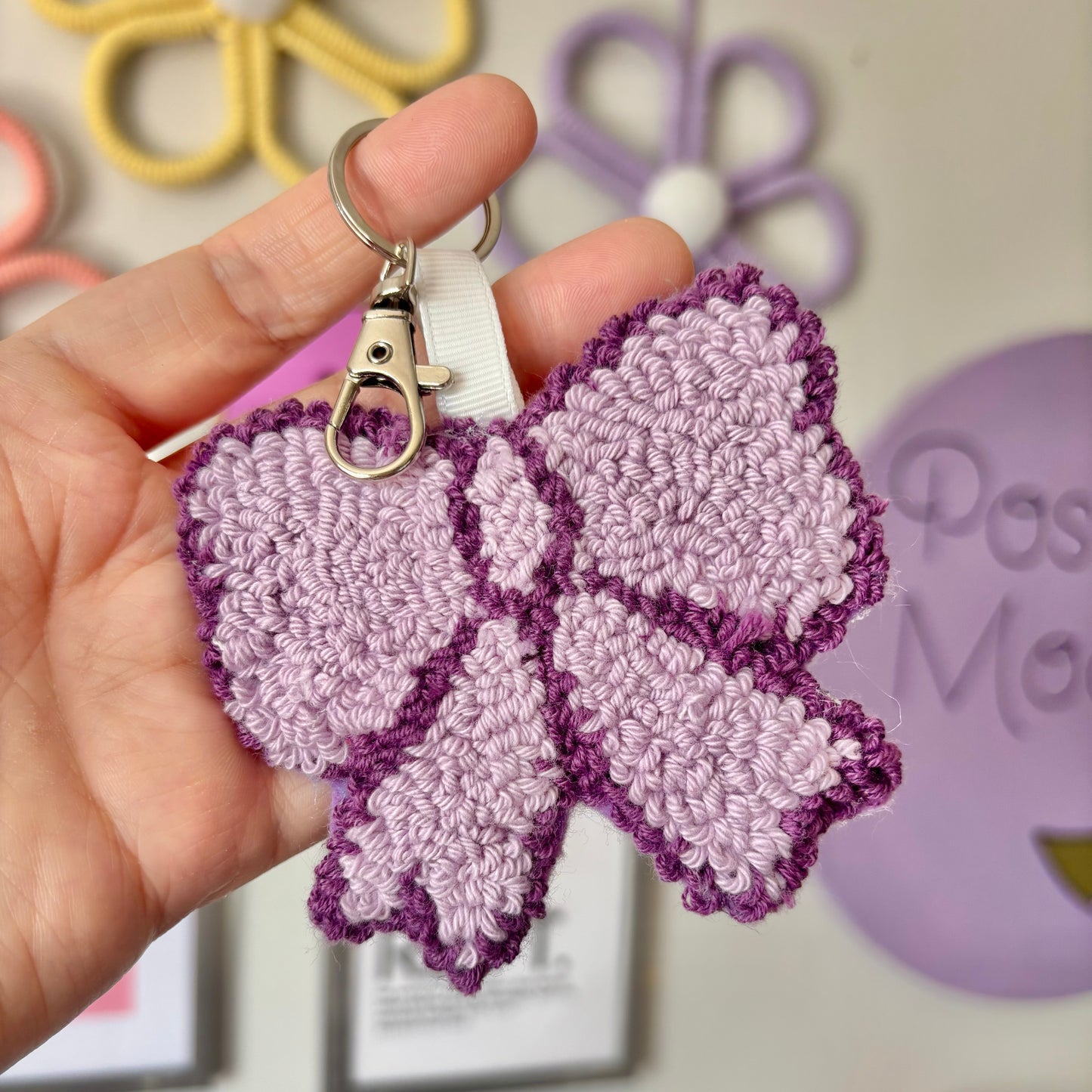 Bow punch needle keyring, cute decor, home decor, office decor, key accesory