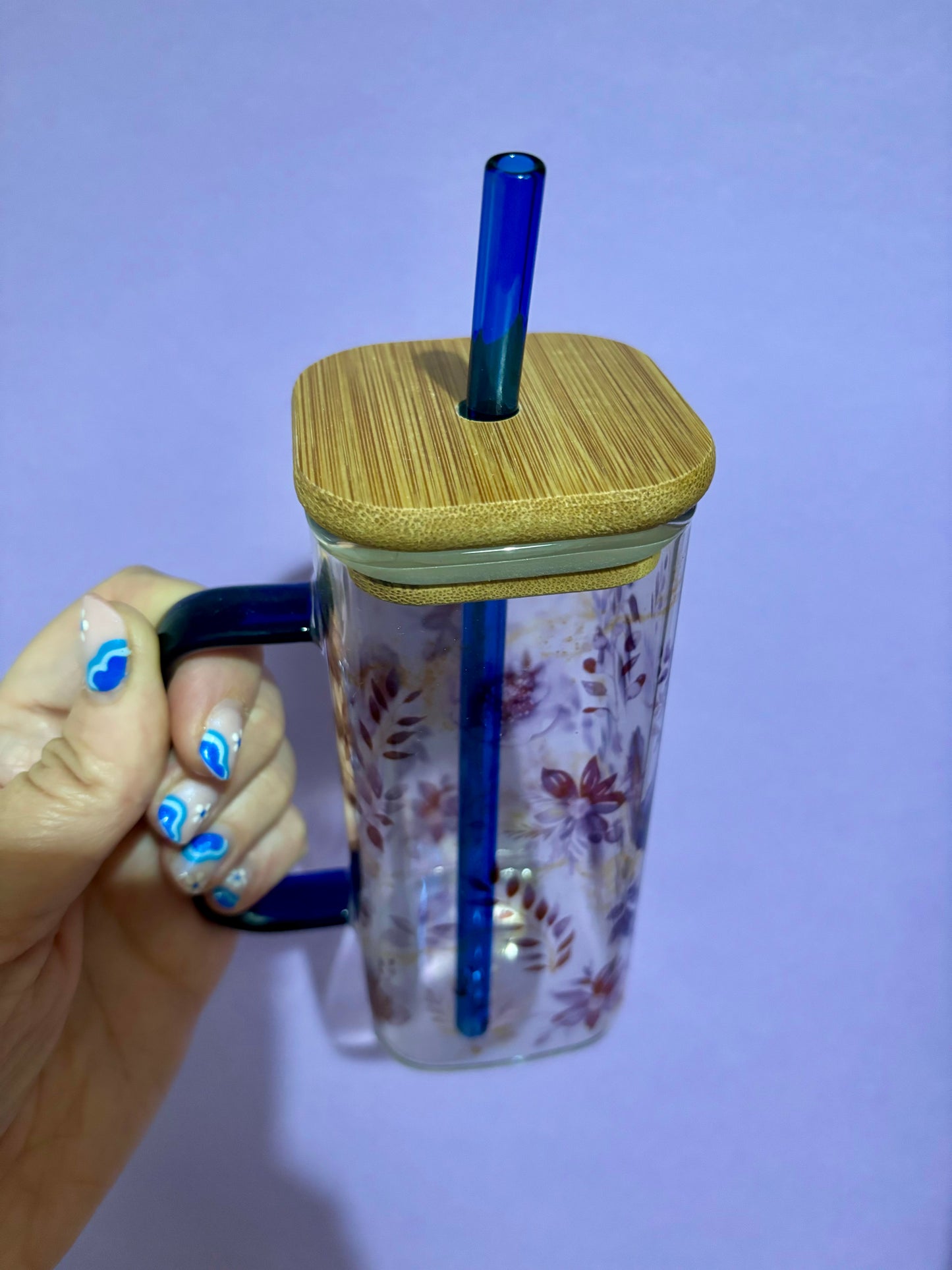 Flowery blue design sublimated square glass can - Glass cup - Cold drinks