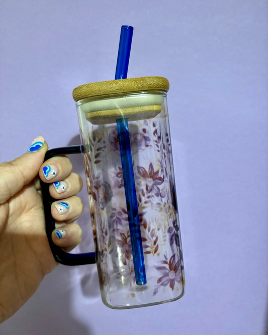 Flowery blue design sublimated square glass can - Glass cup - Cold drinks