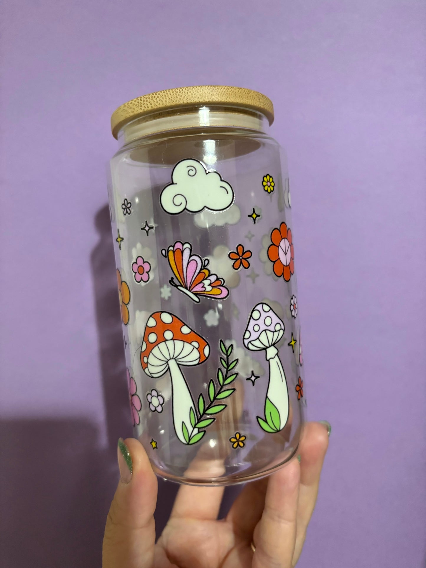 Groovy mushroom and flowers glass tumbler - Glass cup - Cold drinks