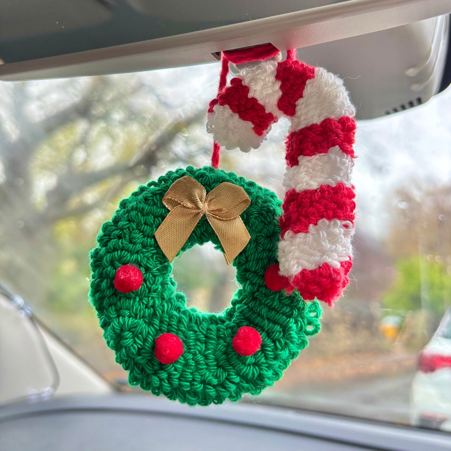 Christmas wreath and candy cane punch needle car hanging, car decor, car accessory, cute decor