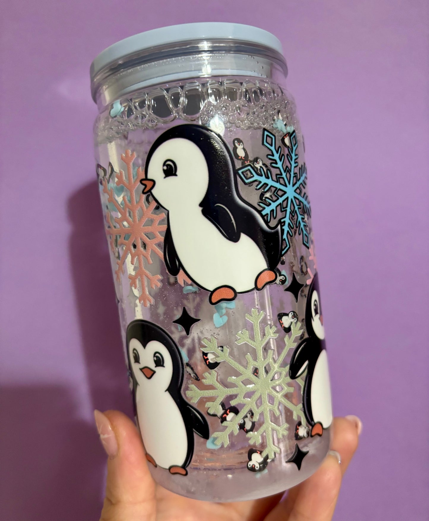 Penguin themed polymer clay snowglobe tumbler