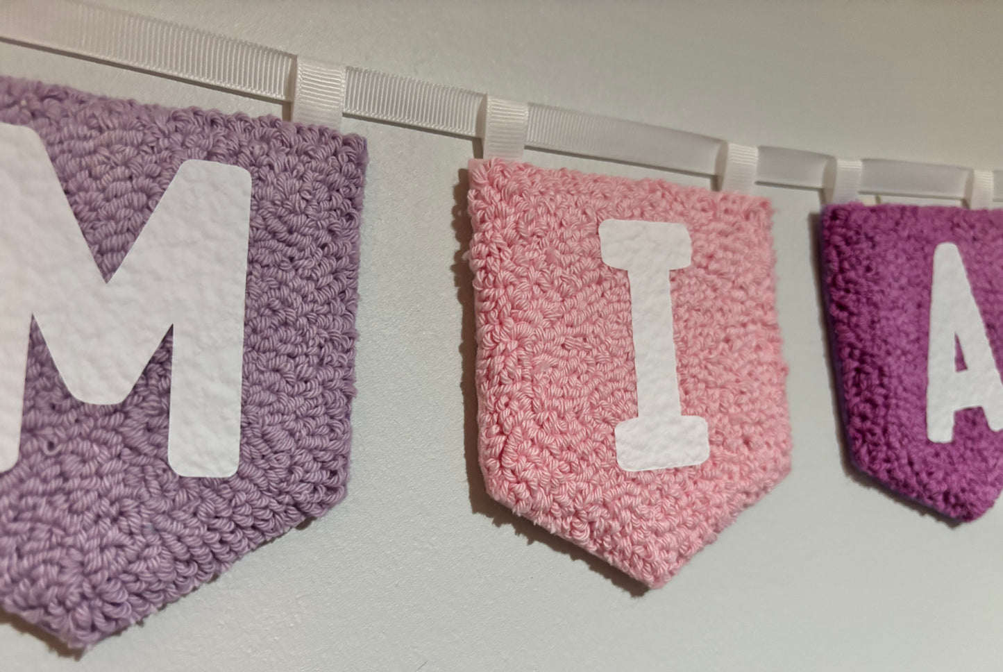 Personalised punch needle flag garland, name, personalised, bedroom hanging, wall hanging, playroom, wall decor