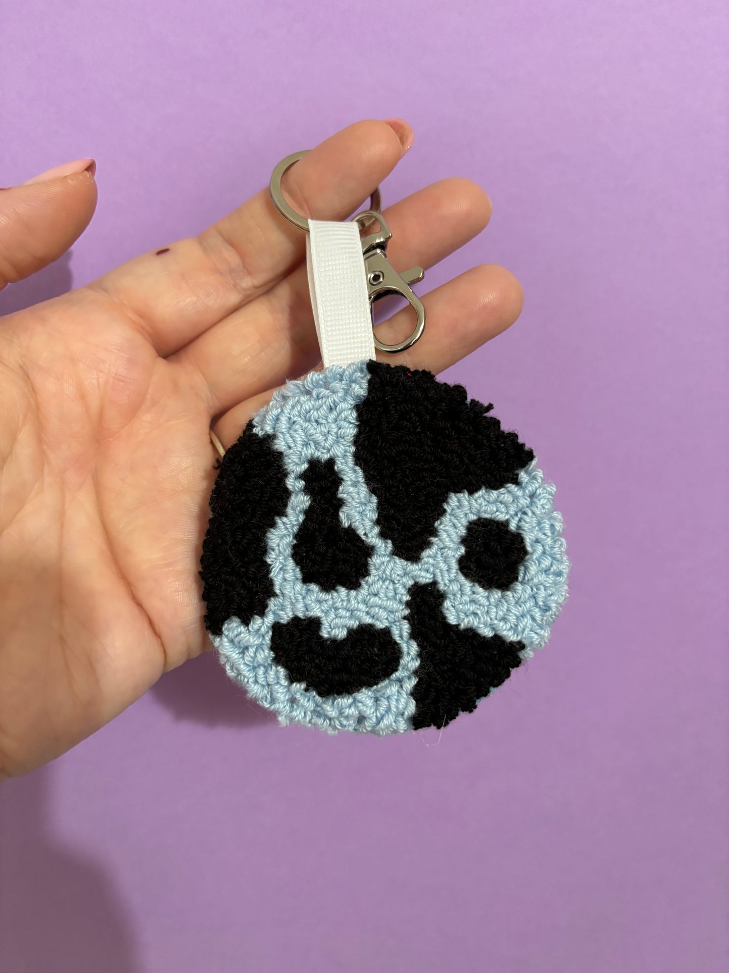 Cowprint punch needle keyring, cute decor, home decor, office decor, key accesory