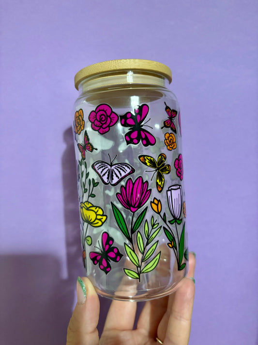 Butterflies and flowers glass tumbler - Glass cup - Cold drinks