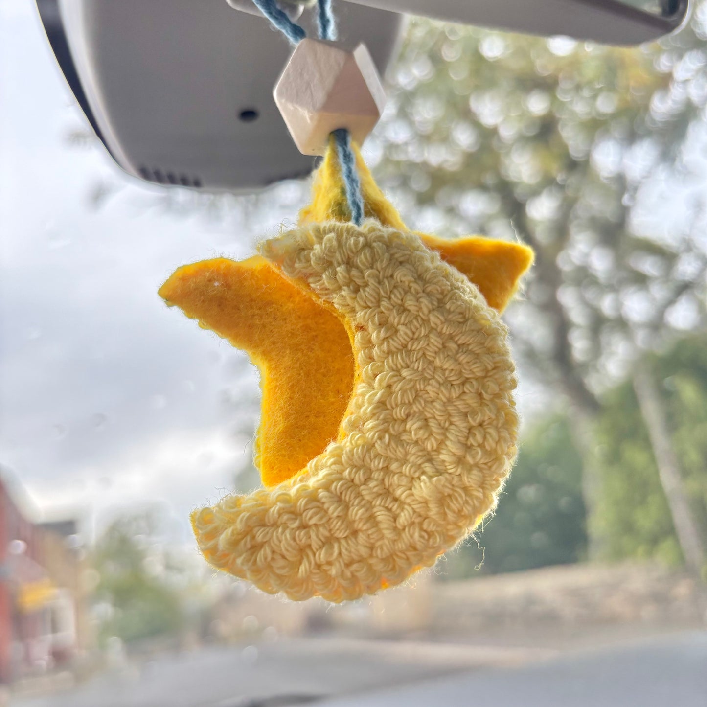 Star and moon punch needle car hanging, car decor, car accessory, cute decor