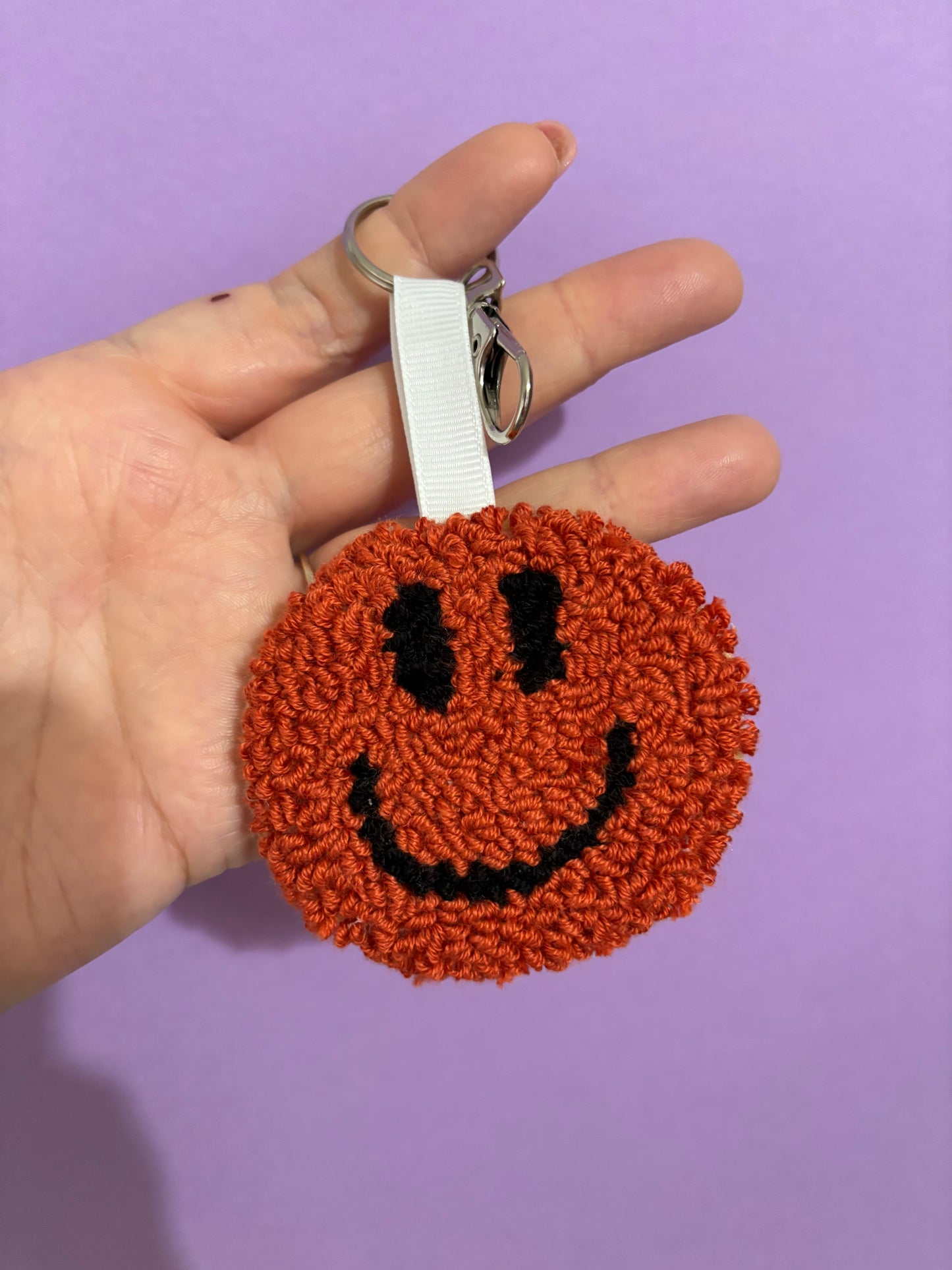 Smiley face punch needle keyring, cute decor, home decor, office decor, key accesory