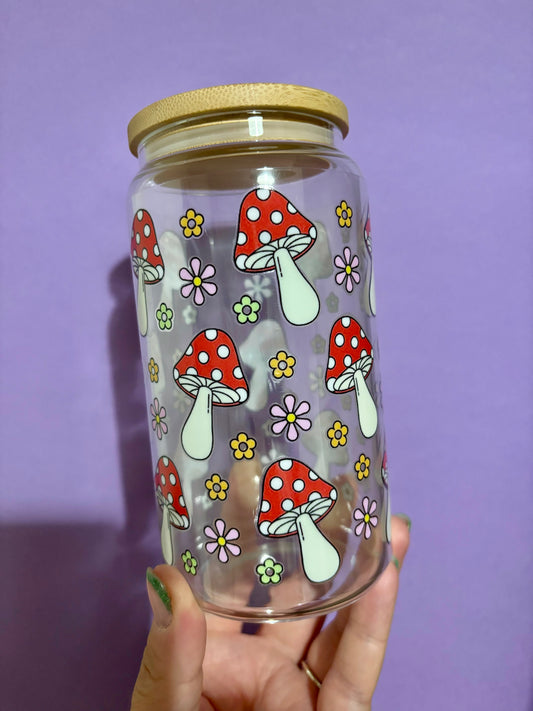 Mushroom and flowers glass tumbler - Glass cup - Cold drinks