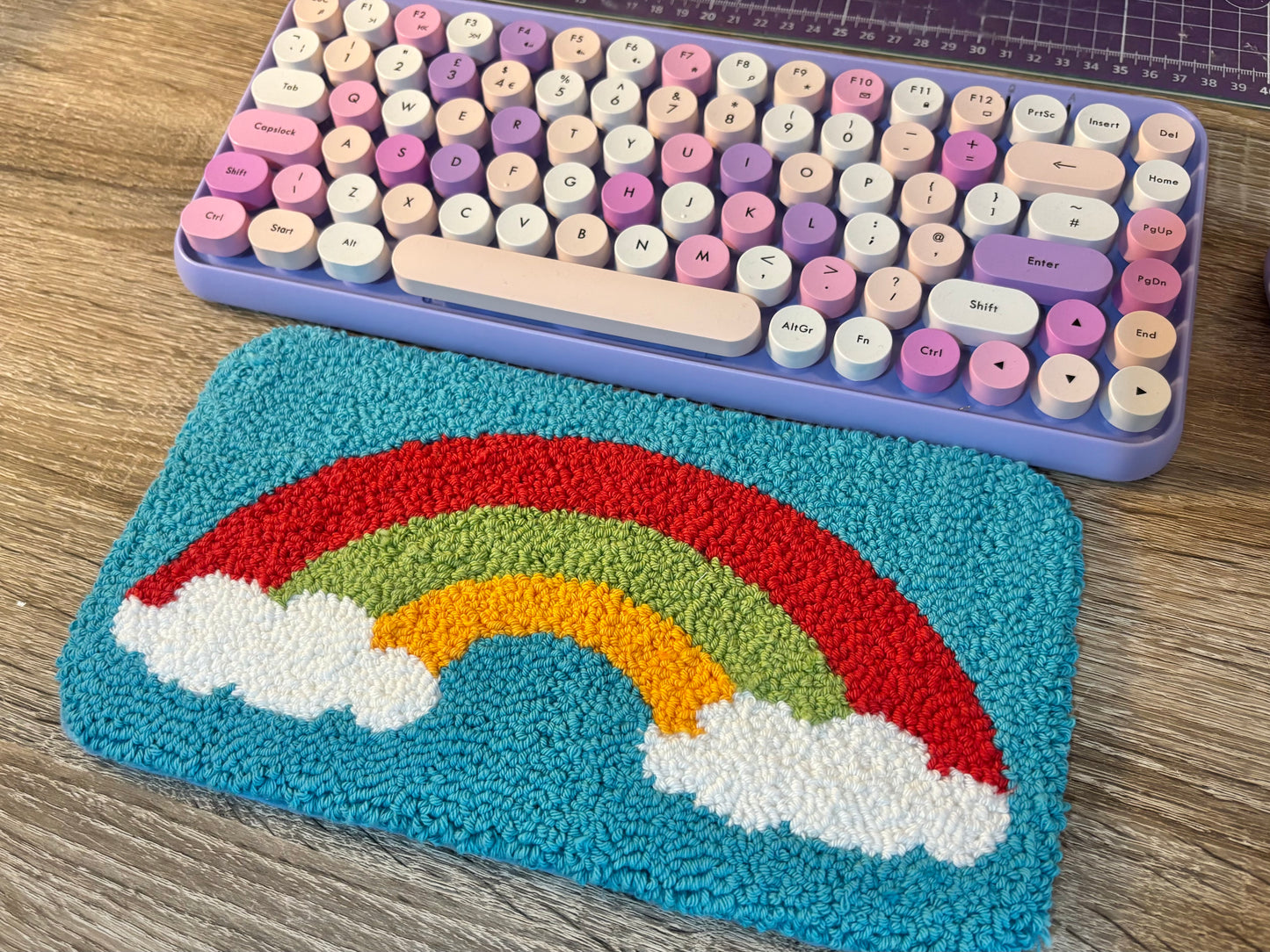 Rainbow punch needle desk mat, desk decor, desk accessory, cute decor, office decor