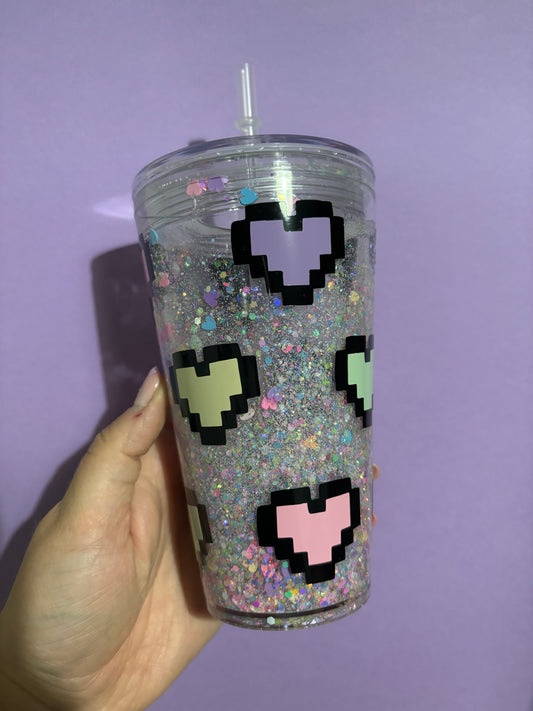 IMPERFECT - Pixel hearts design tumbler - Snowglobe cup - Cold drinks - Glitter