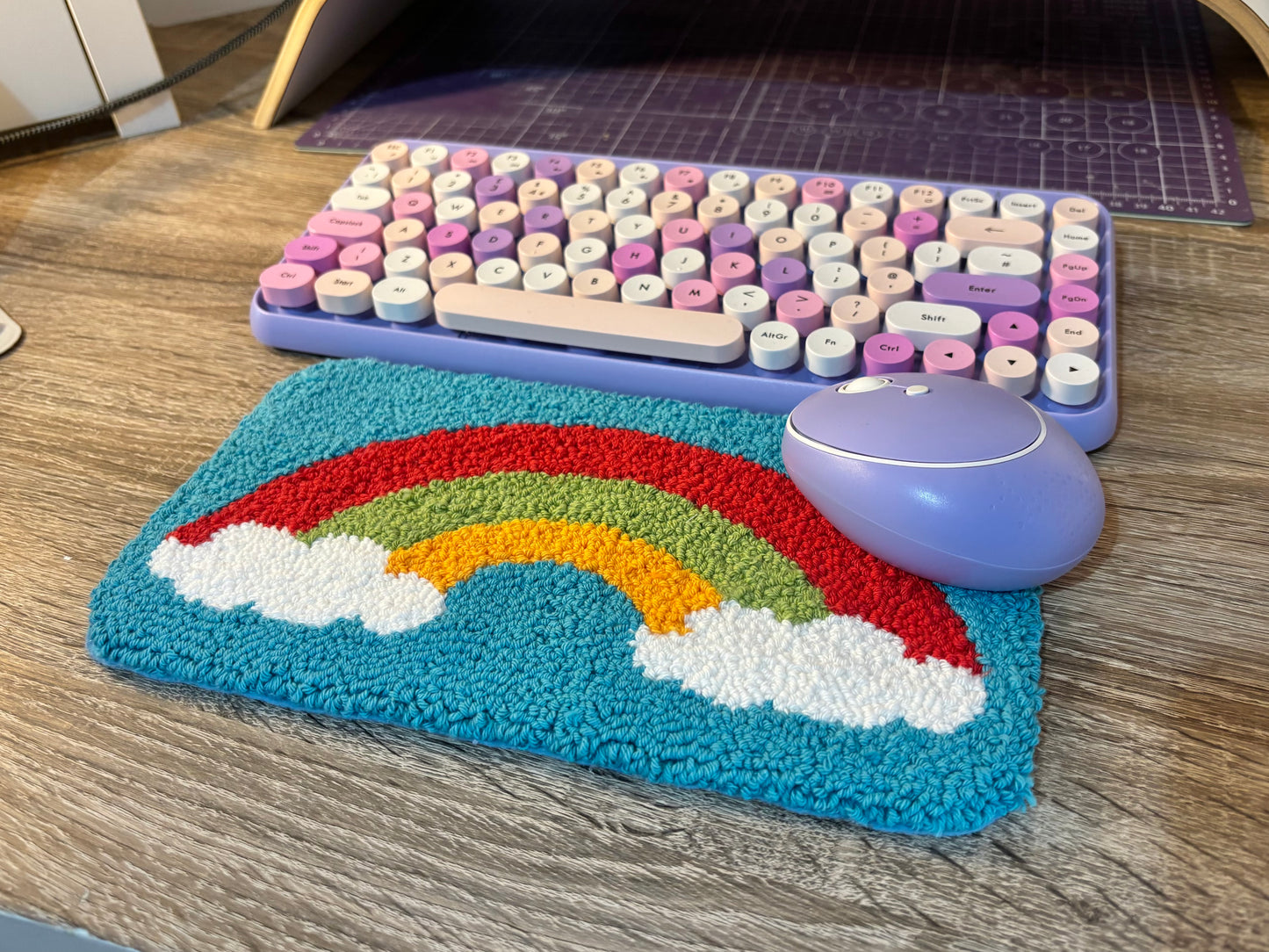 Rainbow punch needle desk mat, desk decor, desk accessory, cute decor, office decor