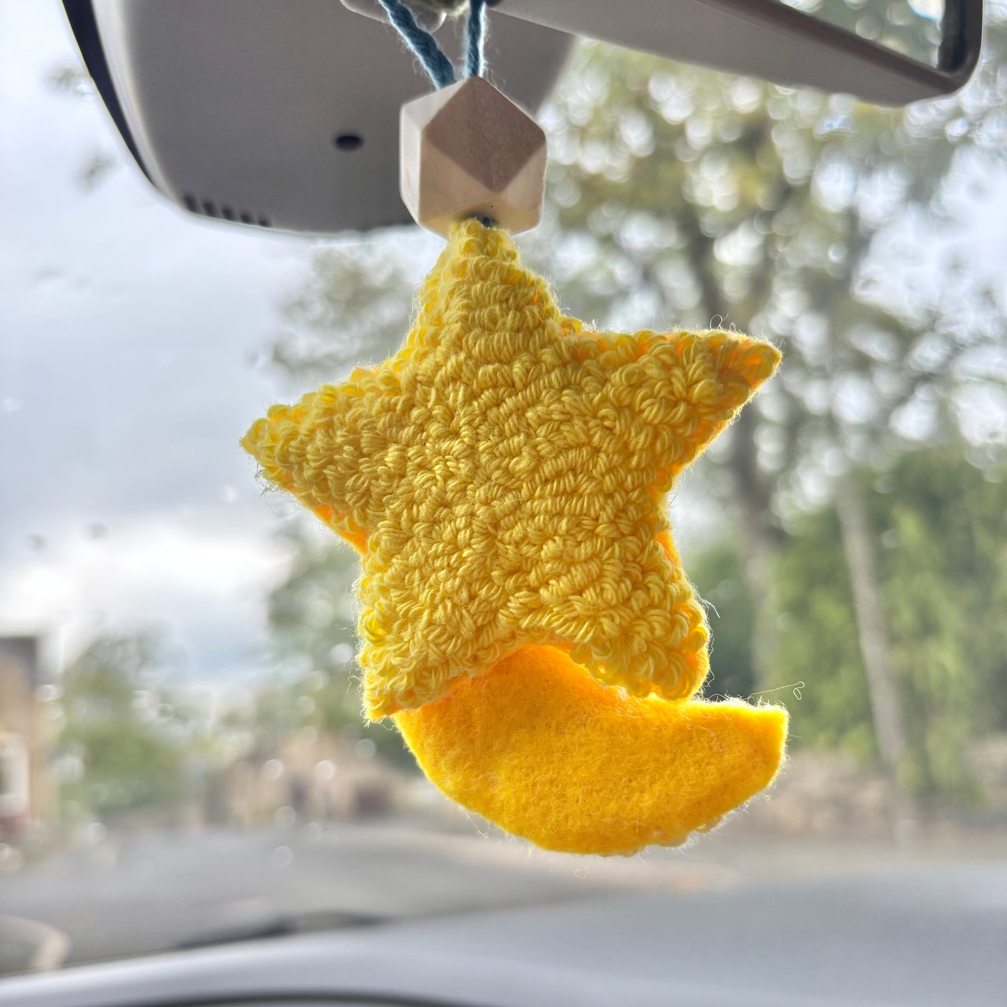 Star and moon punch needle car hanging, car decor, car accessory, cute decor