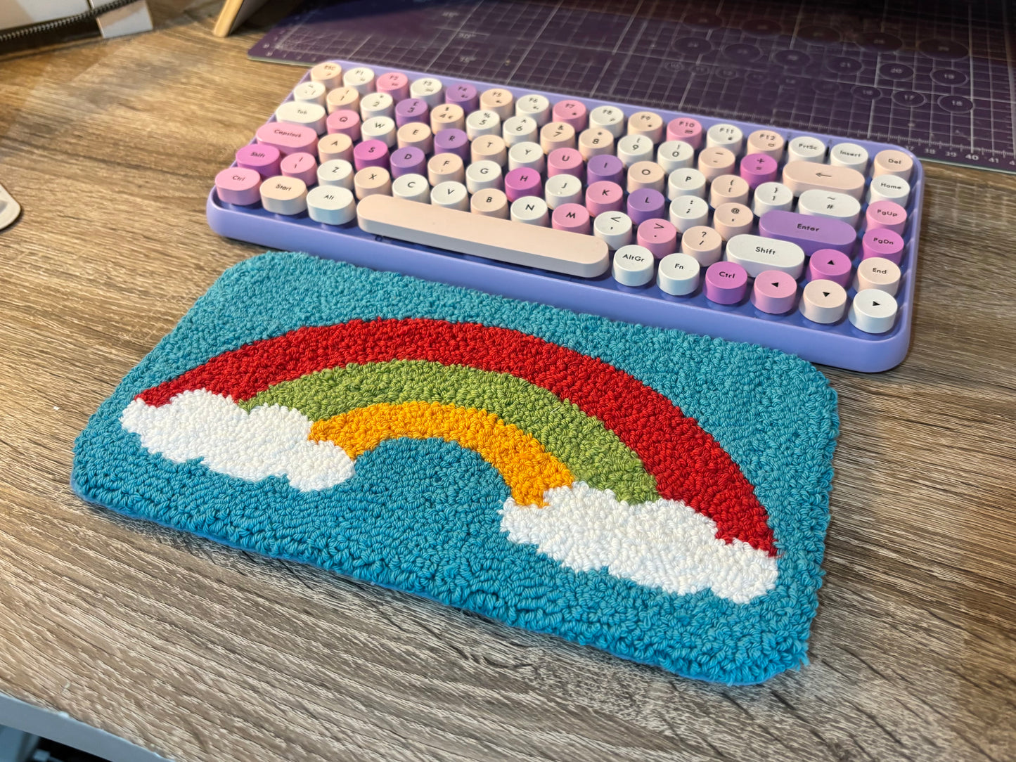 Rainbow punch needle desk mat, desk decor, desk accessory, cute decor, office decor