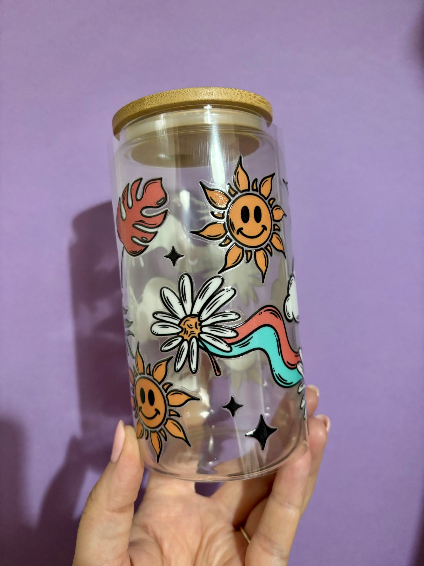 Floral sun and rainbow glass tumbler - Glass cup - Cold drinks