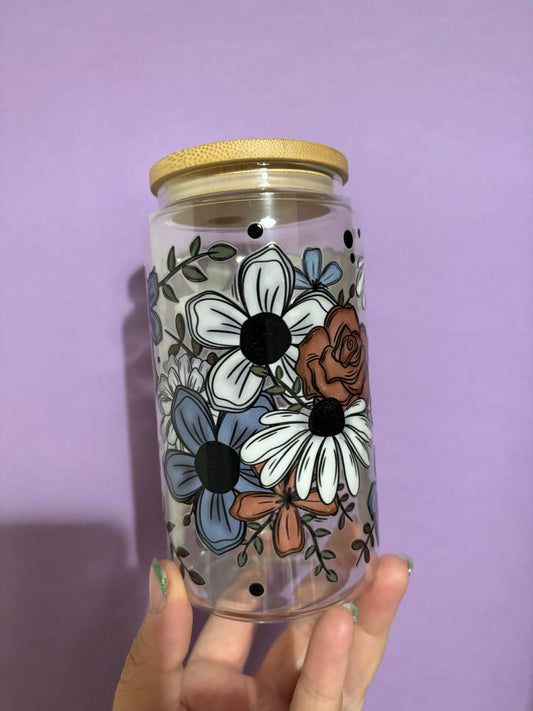 Dark floral glass tumbler - Glass cup - Cold drinks