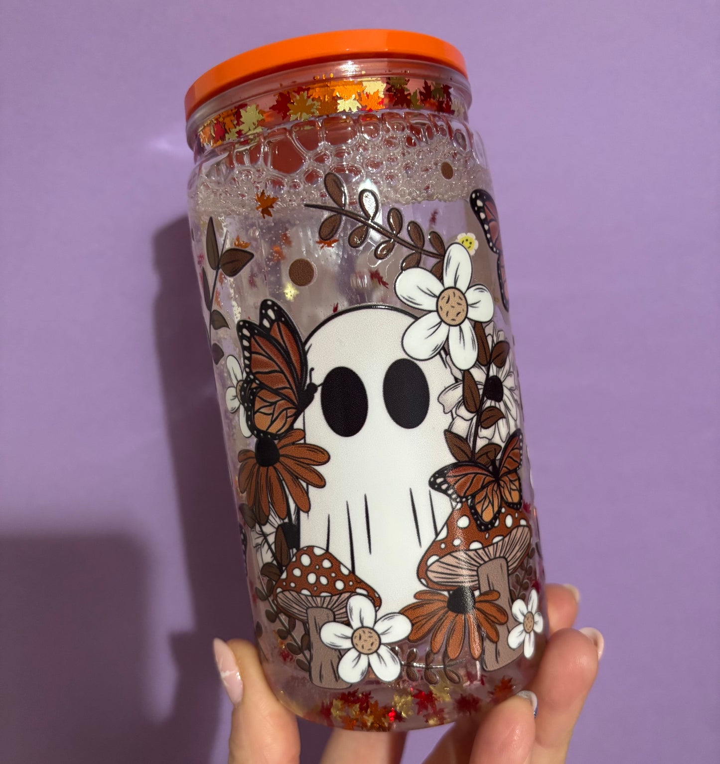 Autumn ghost themed polymer clay snowglobe tumbler