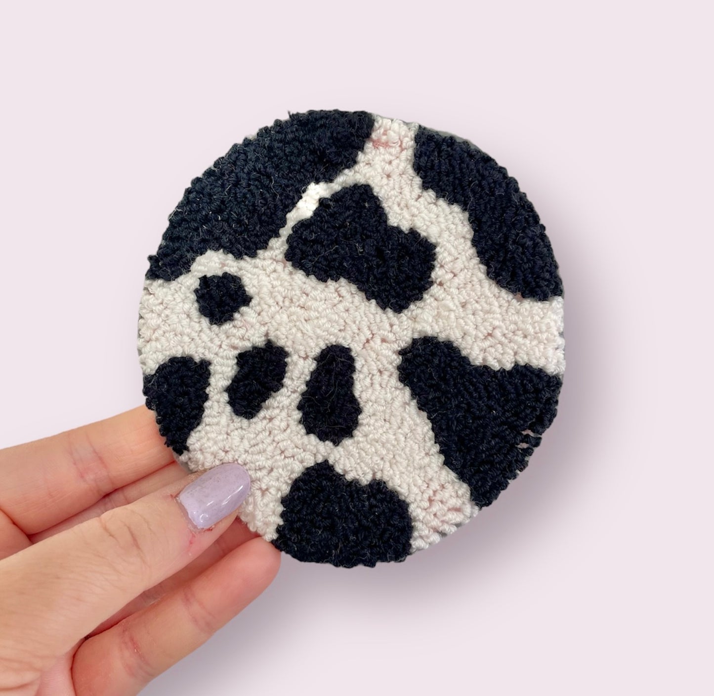 Cowprint punch needle drinks coaster, mug rug, cute decor, home decor, office decor