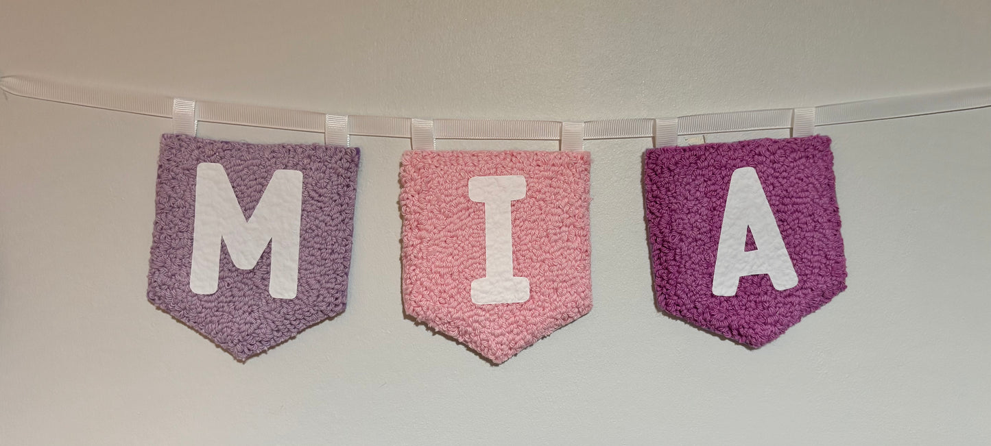 Personalised punch needle flag garland, name, personalised, bedroom hanging, wall hanging, playroom, wall decor