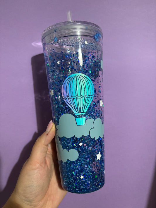 IMPERFECT - Hot air balloon design tumbler - Snowglobe cup - Cold drinks - Glitter