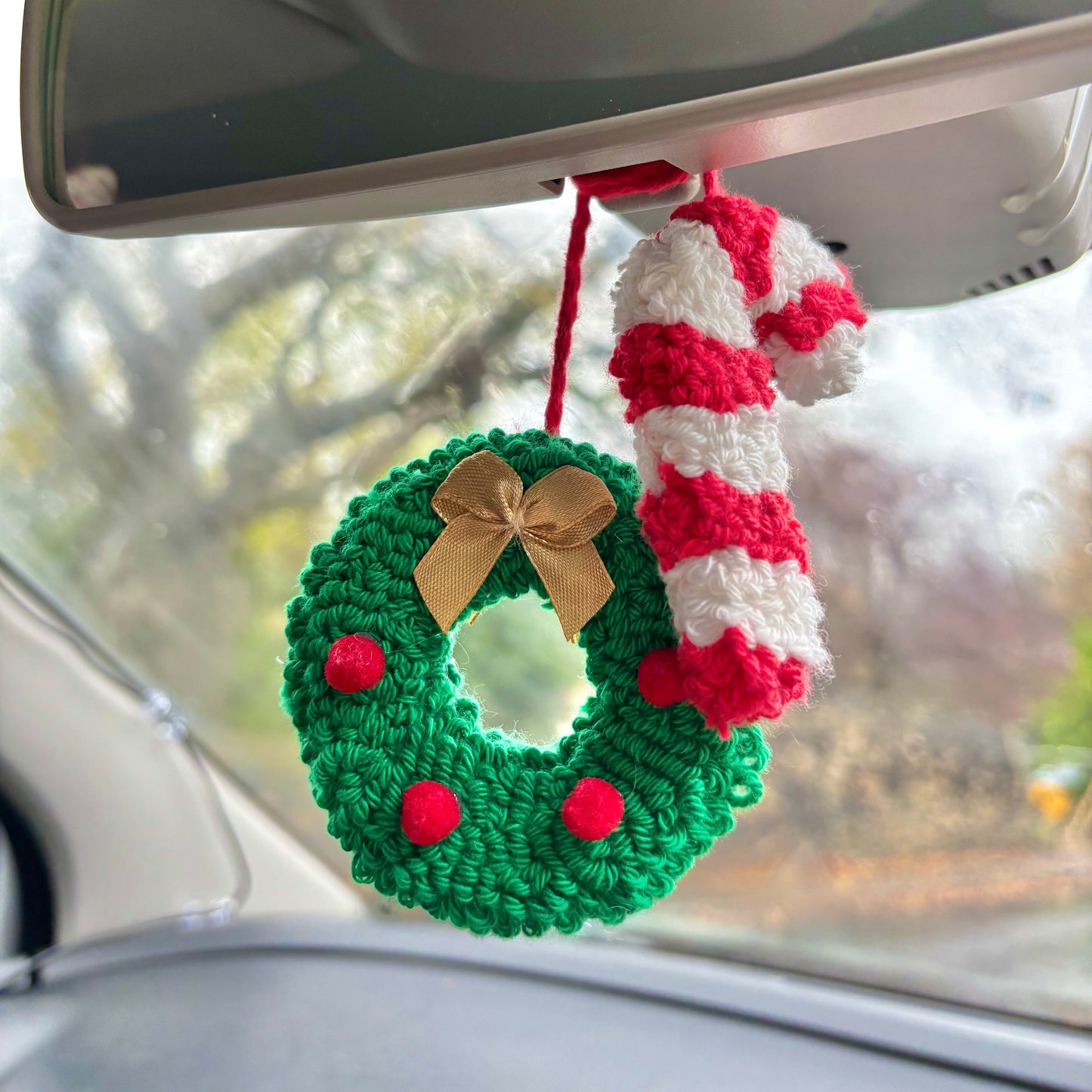 Christmas wreath and candy cane punch needle car hanging, car decor, car accessory, cute decor