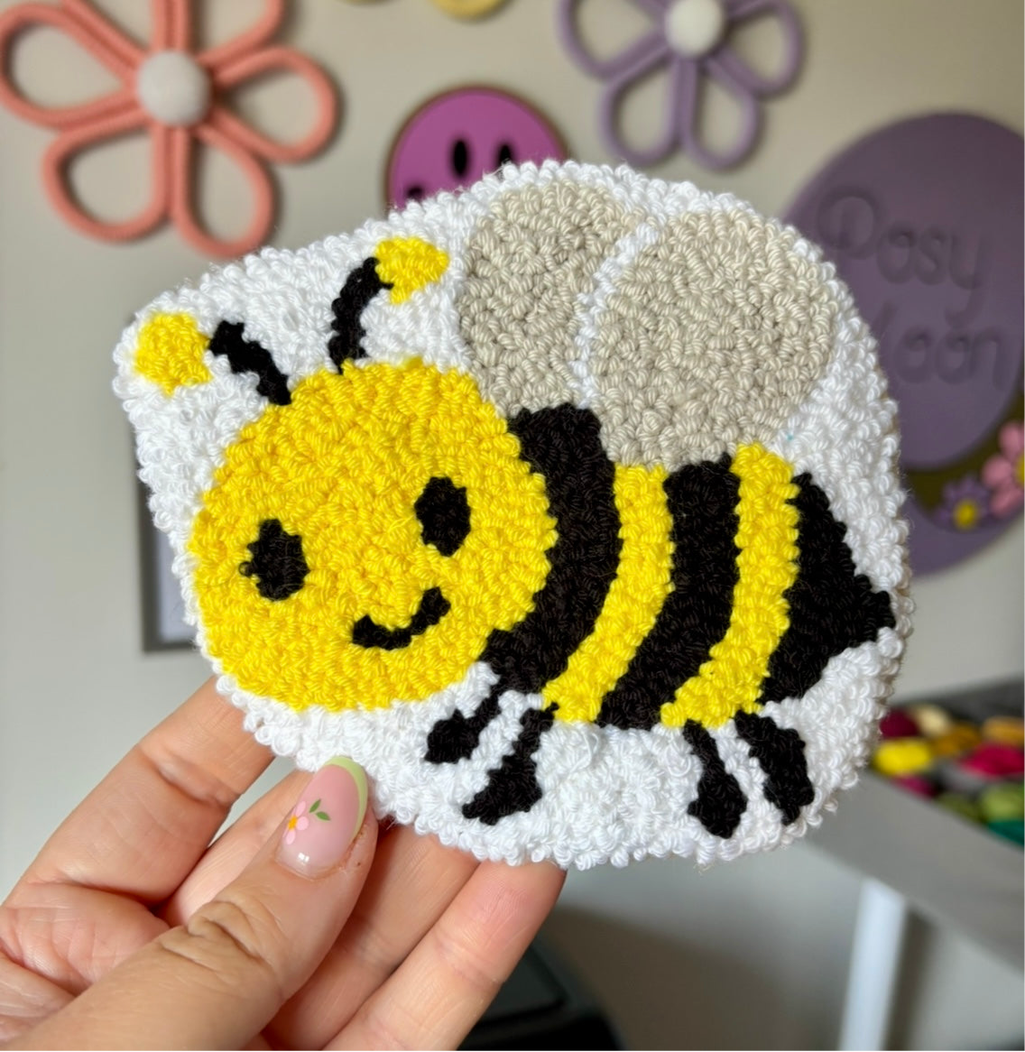 Bumblebee punch needle drinks coaster, mug rug, cute decor, home decor, office decor