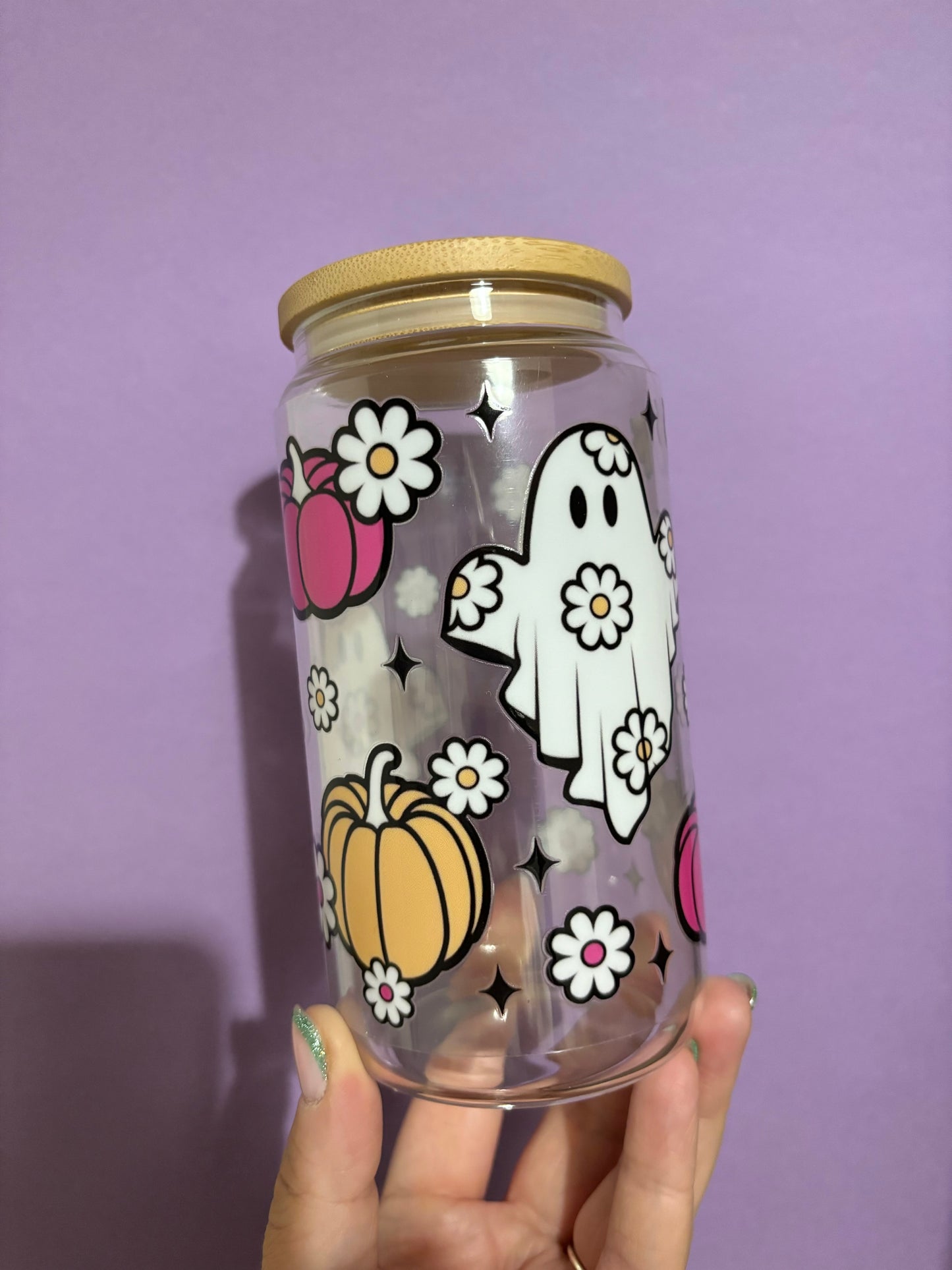 Floral ghost and pumpkin glass tumbler - Glass cup - Cold drinks