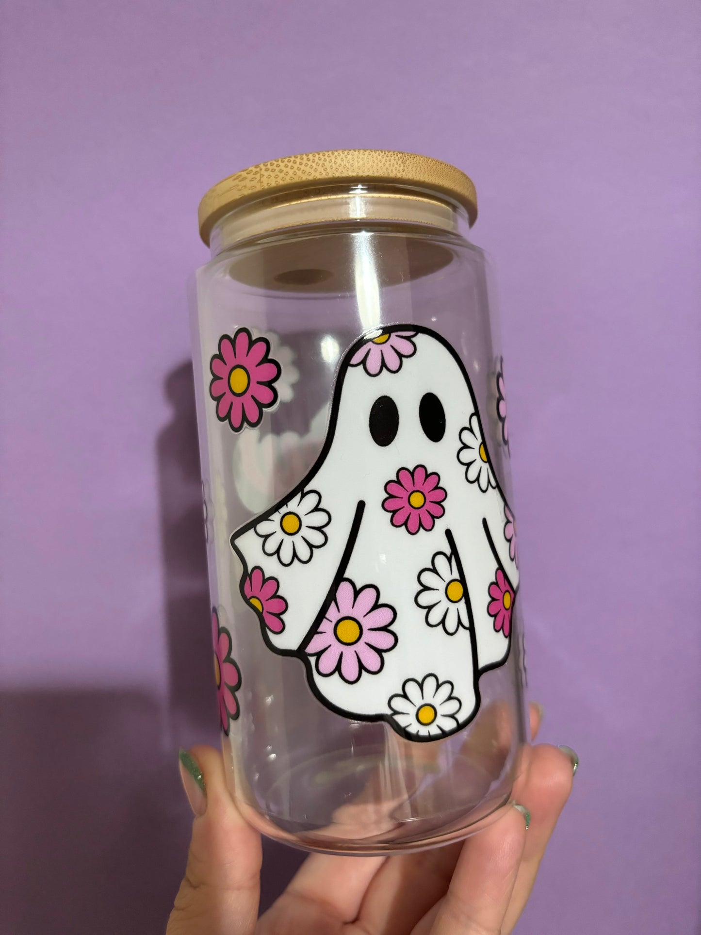 Hey boo floral ghost glass tumbler - Glass cup - Cold drinks