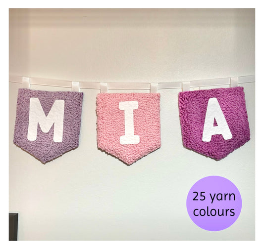 Personalised punch needle flag garland, name, personalised, bedroom hanging, wall hanging, playroom, wall decor